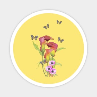 Calla And Anemone Flowers With Butterflies Magnet